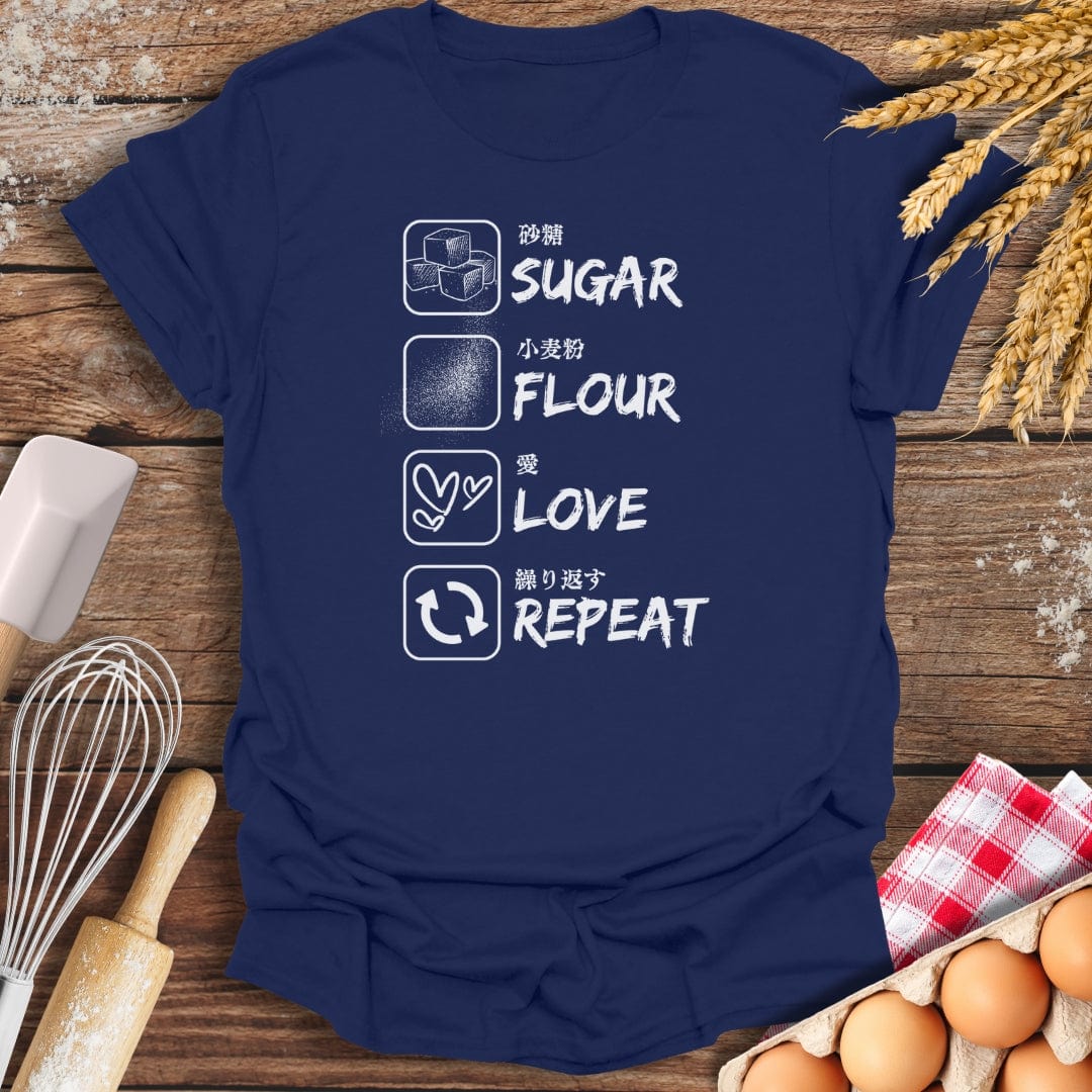 Sugar, Flour, Love, Repeat (Japanese) T-Shirt Navy / S Baking Threads
