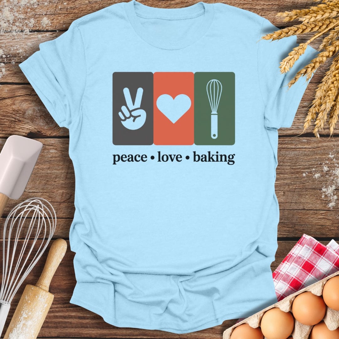 Peace Love Baking T-Shirt Light Blue / S Baking Threads