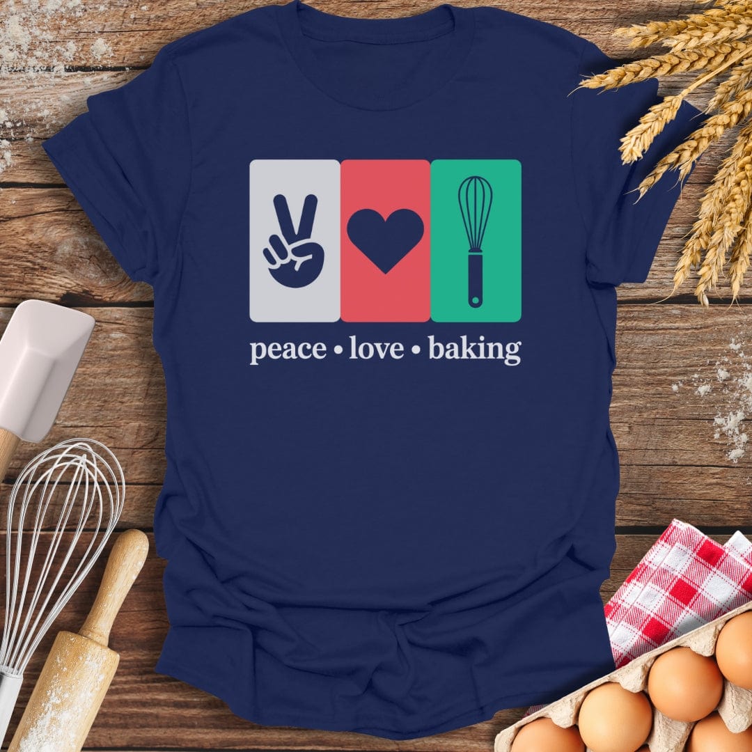 Peace Love Baking T-Shirt Navy / S Baking Threads